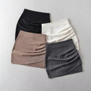 High Waist Plain Ruched Asymmetrical Mini Pencil Skirt