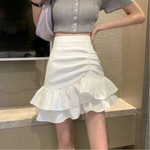 High Waist Plain Ruched Asymmetrical Ruffle Mini Fishtail Skirt