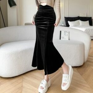 High Waist Plain Velvet Maxi Fishtail Skirt