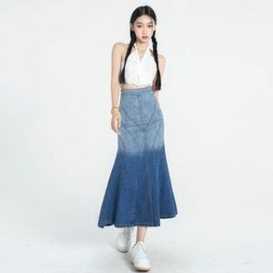 High Waist Washed Denim Midi Fishtail Skirt