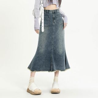 High Waist Washed Midi Denim Mermaid Skirt