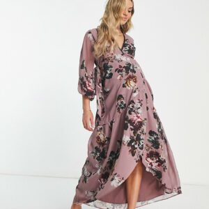 Hope & Ivy Maternity lace trim wrap maxi dress in mink floral-Purple