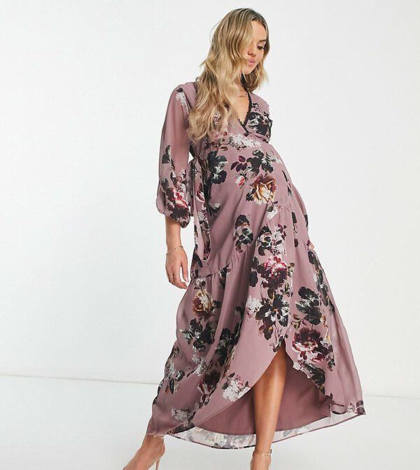 Hope & Ivy Maternity lace trim wrap maxi dress in mink floral-Purple