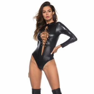 Hot Erotic Women's Bodysuit / Sexy PU Leather Babydoll Mini Dress / Female Black Jumpsuit