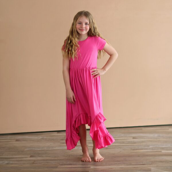 Hot Pink Boho Dress - Long Ruffle High-Low Hem Full Skirt Red Twirly