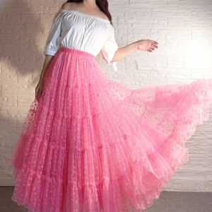 Hot Pink Tiered Tulle Maxi Skirt Women Plus Size Floral Holiday Tulle Skirt