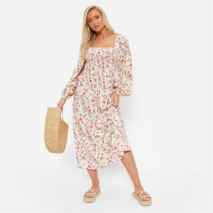 I Saw It First Floral Print Square Neck Smock Midi Dress - Cream