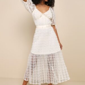 Ideal Adoration Cream Tulle Swiss Dot Rosette Midi Skirt