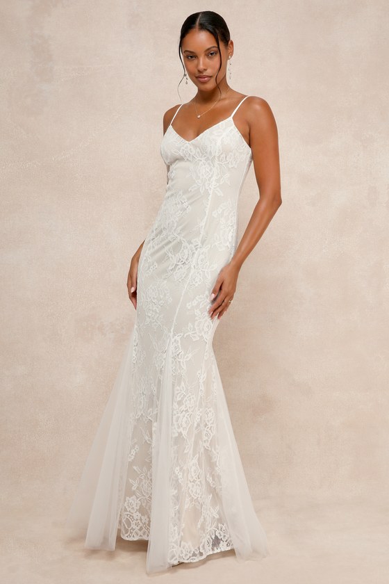 Immaculate Grace White and Beige Lace Mermaid Maxi Dress