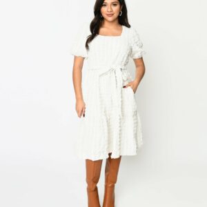 Ivory Textured Smock Fit & Flare Dress