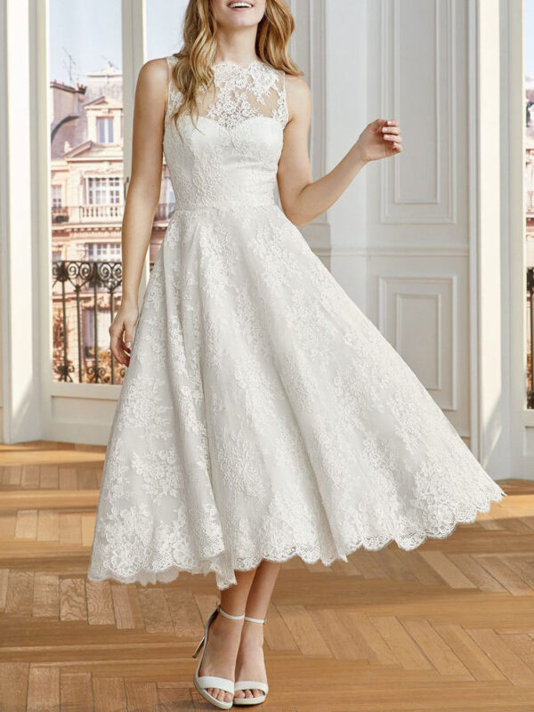 Ivory Wedding Dress Tea Length A-Line Sleeveless Jewel Neck Bridal Gowns Free Customization