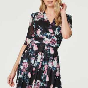 Izabel London Black - Floral Pleated Midi Wrap Tea Dress, Size: 12