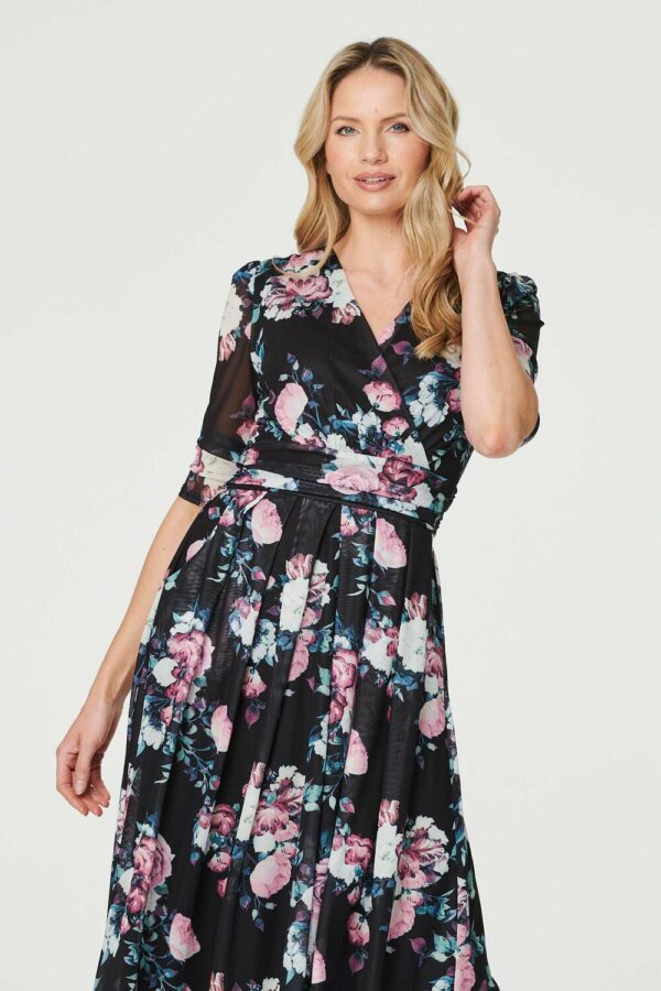 Izabel London Black - Floral Pleated Midi Wrap Tea Dress, Size: 12