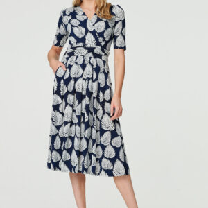 Izabel London Navy - Printed Short Sleeve Wrap Tea Dress, Size: 10