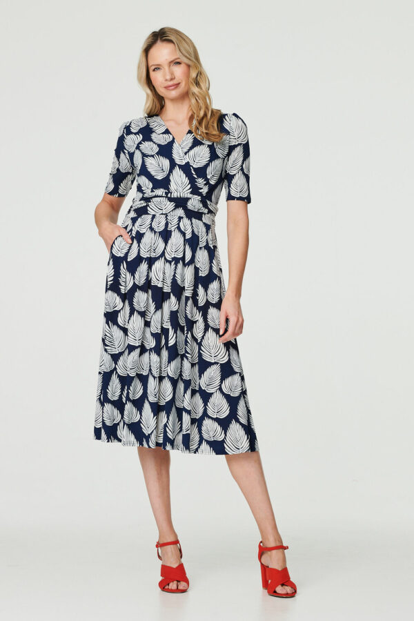 Izabel London Navy - Printed Short Sleeve Wrap Tea Dress, Size: 10