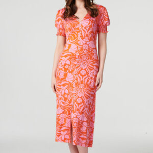 Izabel London Orange - Floral Tie Back Midi Tea Dress, Size: S