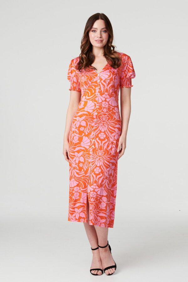 Izabel London Orange - Floral Tie Back Midi Tea Dress, Size: S