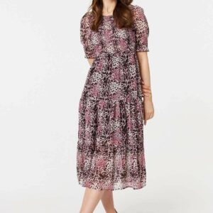 Izabel London Pink - Animal Print Midi Smock Dress, Size: 18