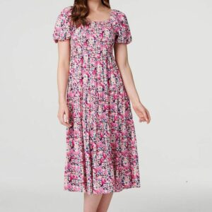 Izabel London Pink - Floral Puff Sleeve Smock Midi Dress, Size: 8