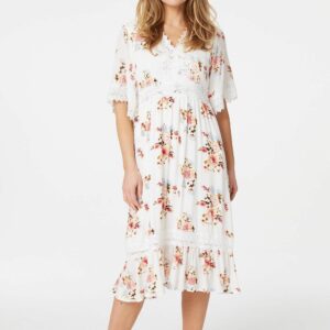 Izabel London White/brown - Floral Lace Midi Tea Dress, Size: 14