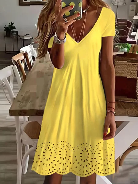 JFN V Neck Plain Summer Casual Mini Prom Dress Yellow/L