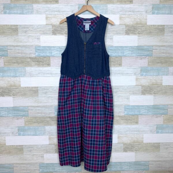 Jantzen VTG 90's Denim Plaid Pinafore Smock Maxi Dress Blue S, Women's (Size Small)