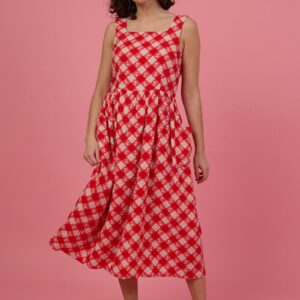 Joanie Clothing Aiken Gingham Floral Print Pinafore Dress - UK 14 (Red)