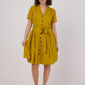 Joanie Clothing Barb Mustard Yellow Tie Waist Tea Dress- UK 12 (Yellow)