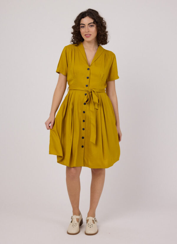 Joanie Clothing Barb Mustard Yellow Tie Waist Tea Dress- UK 12 (Yellow)