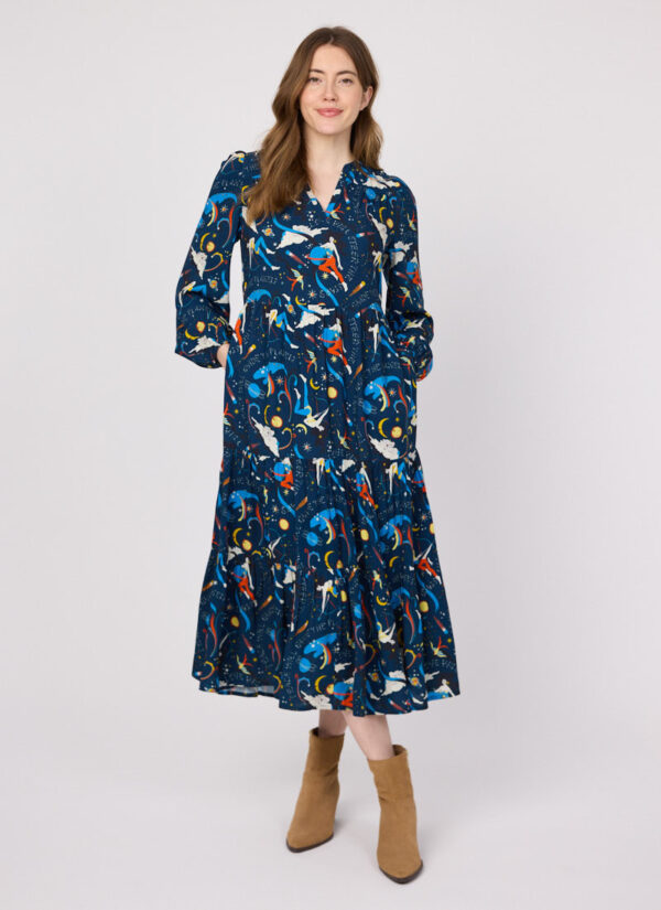 Joanie Clothing Cady Astrological Print Long Sleeve Smock Dress - Small (UK 8-10) (Blue)