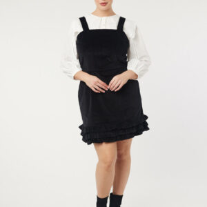 Joanie Clothing Gertie Square Neck Velvet Ruffle Pinafore Dress - UK 10 - Sustainable Organic Cotton (Black)