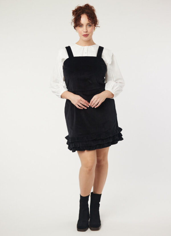 Joanie Clothing Gertie Square Neck Velvet Ruffle Pinafore Dress - UK 10 - Sustainable Organic Cotton (Black)