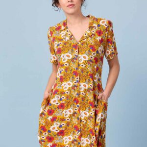 Joanie Clothing Greta Mustard Floral Print Jersey Tea Dress- UK 26 (Orange)