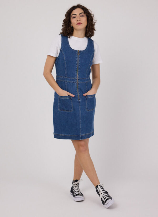 Joanie Clothing Mindy Mid Wash Denim Pinafore Dress - UK 16 (Blue)