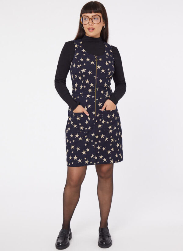 Joanie Clothing Mindy Star Print Pinafore Dress - UK 12 (Black)