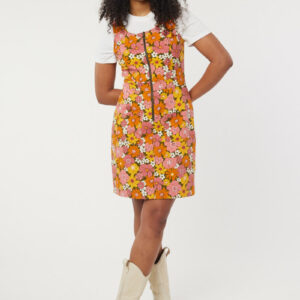 Joanie Clothing Mindy Vintage Floral Print Pinafore Dress - UK 16 (Orange)