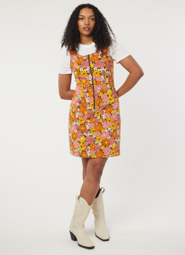 Joanie Clothing Mindy Vintage Floral Print Pinafore Dress - UK 16 (Orange)