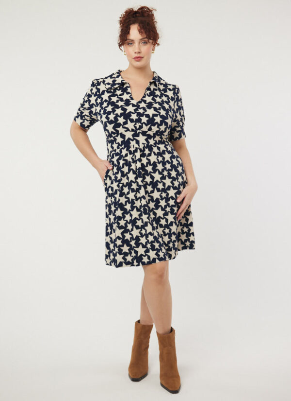 Joanie Clothing Olga Navy Star Print Jersey Tea Dress- UK 26 (Black)