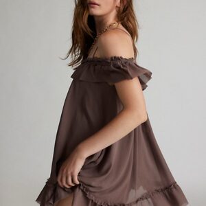 Kimchi Blue Stella Off-The-Shoulder Babydoll Mini Dress in Taupe Brown, Women's at Urban Outfitters