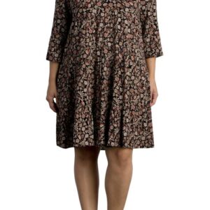 Kiyonna Issy Leaf Print Tiered Tunic Babydoll Dress in Black Floral Print at Nordstrom, Size 0X