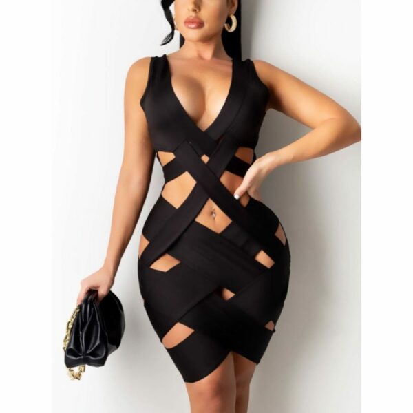 LW SXY Bandage Hollow-out Design Black Knee Length Dress