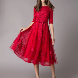 Lace Cocktail Dresses Burgundy Bow Sash Half Sleeve Tea Length Prom Dress