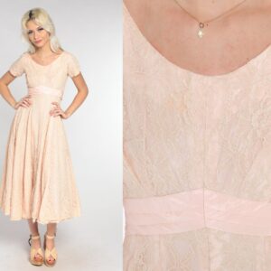 Lace Party Dress 60S Blush Pink Gown Retro Tea Length Midi Cap Sleeve Empire Waist Ribbon Bow Cocktail Prom Vintage 1960S Extra Small Xs