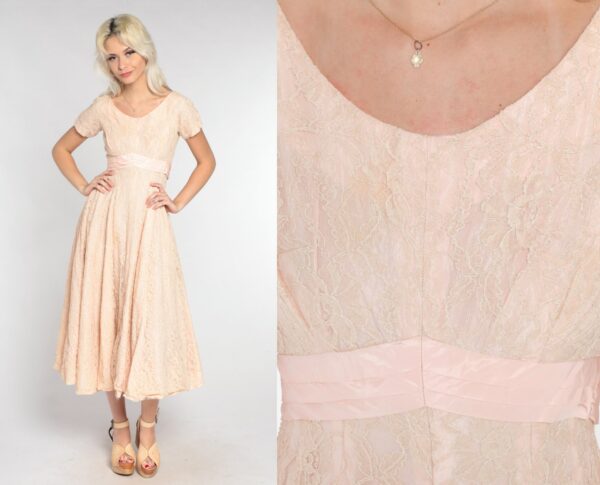 Lace Party Dress 60S Blush Pink Gown Retro Tea Length Midi Cap Sleeve Empire Waist Ribbon Bow Cocktail Prom Vintage 1960S Extra Small Xs