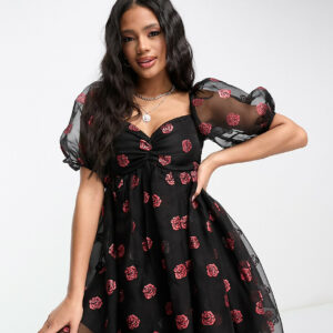 Lace & Beads Exclusive babydoll mini dress in ditsy glitter rose-Black