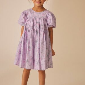 Laura Ashley Kids' Croswell Shimmer Stripe Babydoll Dress in Lilac Floral at Nordstrom, Size 4Y