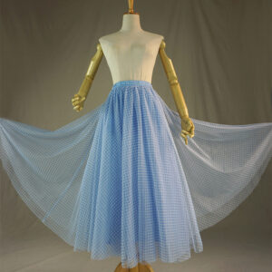 Light Blue A-line Tulle Skirt Women Custom Plus Size Plaid Midi Skirt