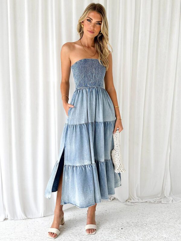 Light Sky Blue Tube Dress Smocked Tiered Slit Casual Summer Midi Dresses