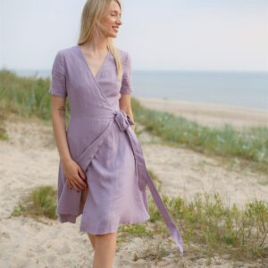 Lilac Wedding Guest Dress. Linen Elegant Wrap Summer Midi Romantic A-Line Cocktail Tea Party Homecoming Dress