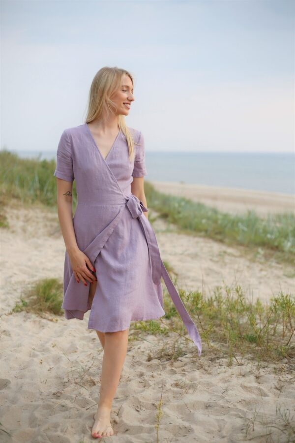 Lilac Wedding Guest Dress. Linen Elegant Wrap Summer Midi Romantic A-Line Cocktail Tea Party Homecoming Dress